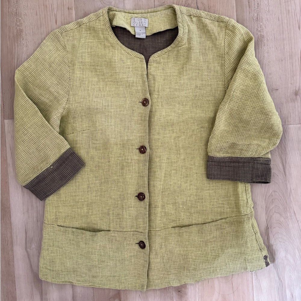 Sigrid Olsen|Green Waffle Knit Button Jacket| Cotton & Linen| Lagenlook